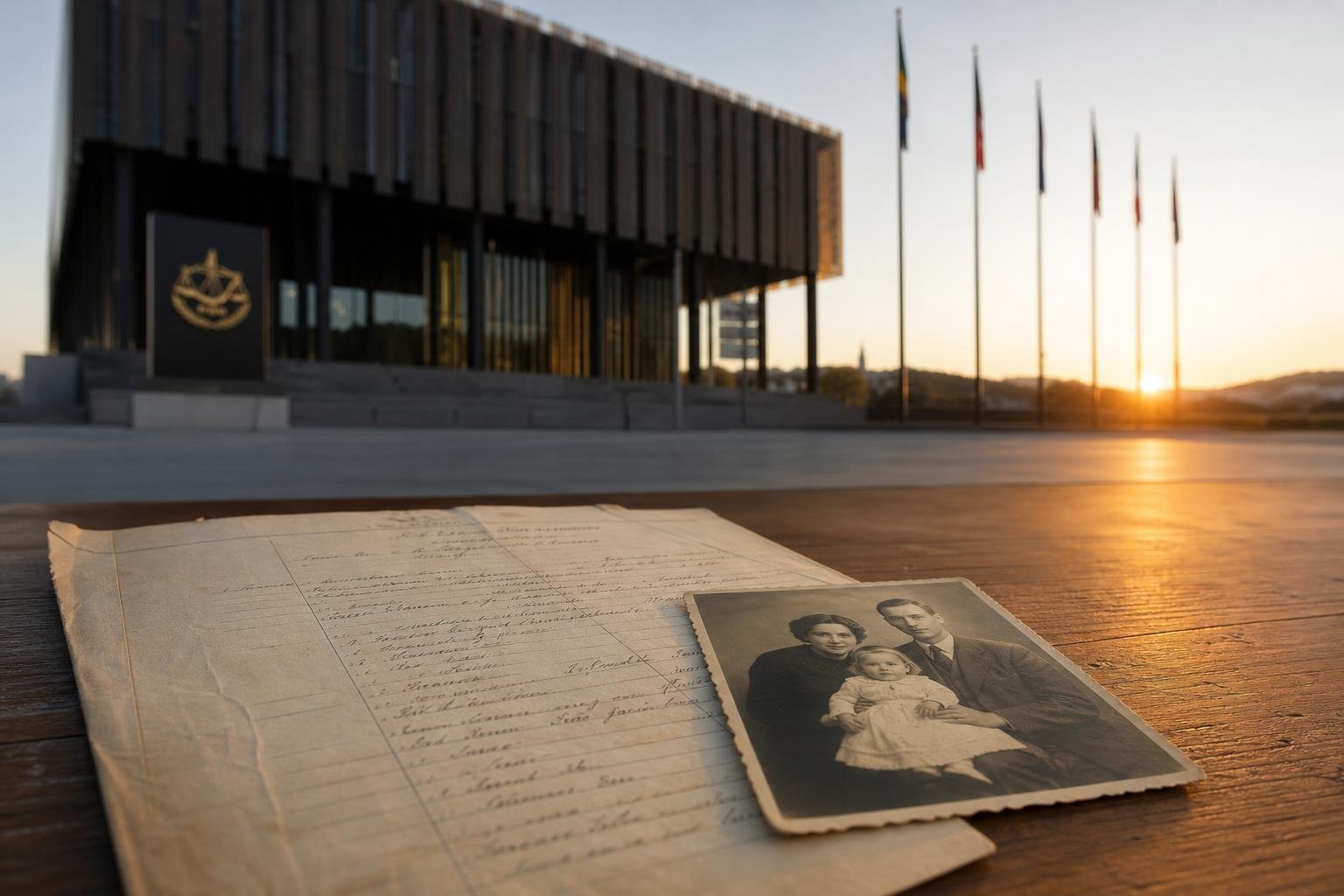 Certidão italiana antiga e foto de família diante do prédio da Corte de Justiça da União Europeia