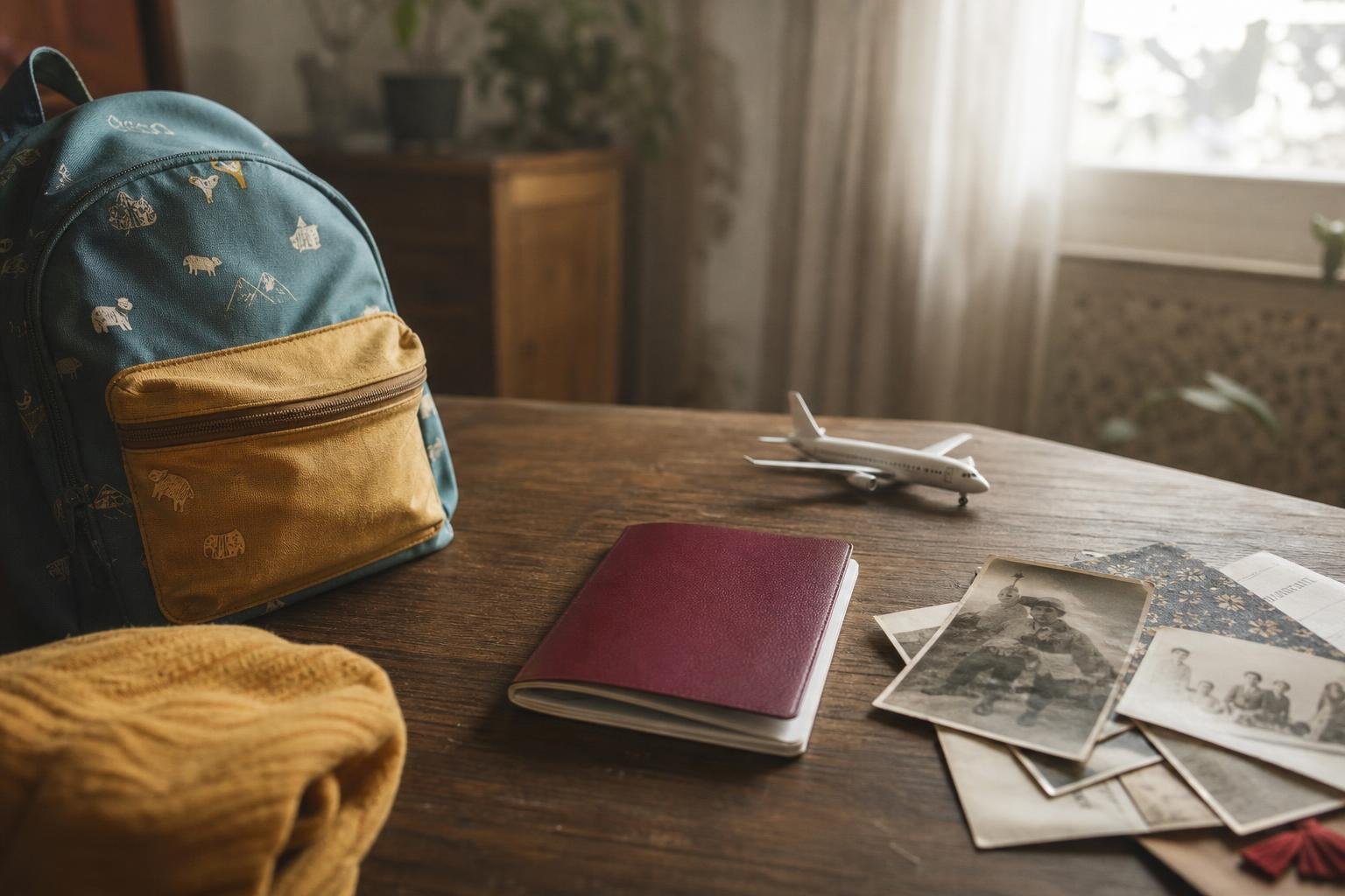 Passaporte sobre a mesa ao lado de uma mochila infantil e um avião de brinquedo