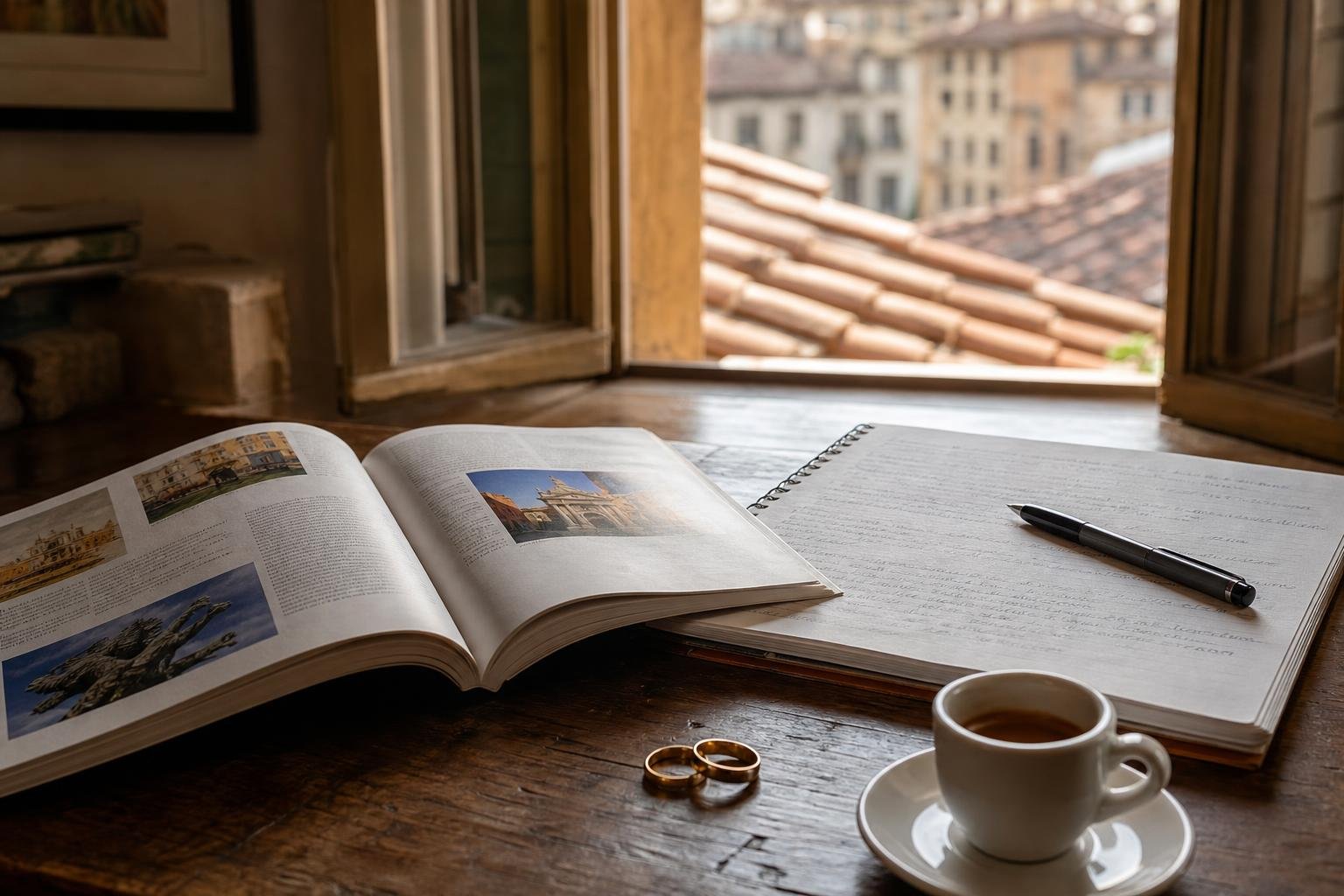 Livro de italiano, caderno de anotações e alianças sobre uma mesa, com telhados italianos ao fundo